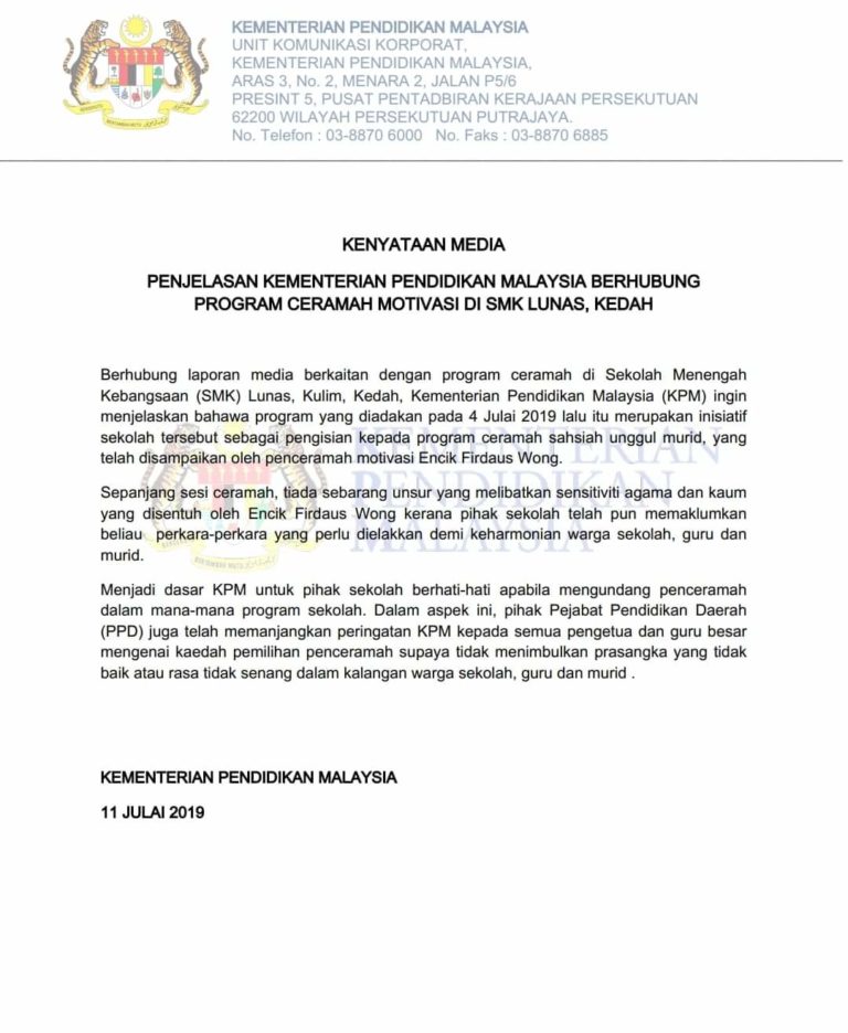 Kenyataan Media Berkenaan Ceramah Firdaus Wong di Sekolah