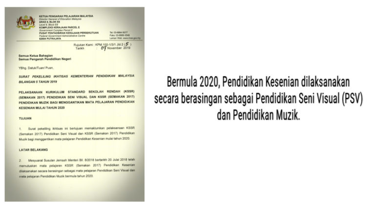 Pendidikan Kesenian dan Muzik diajar berasingan mulai 2020