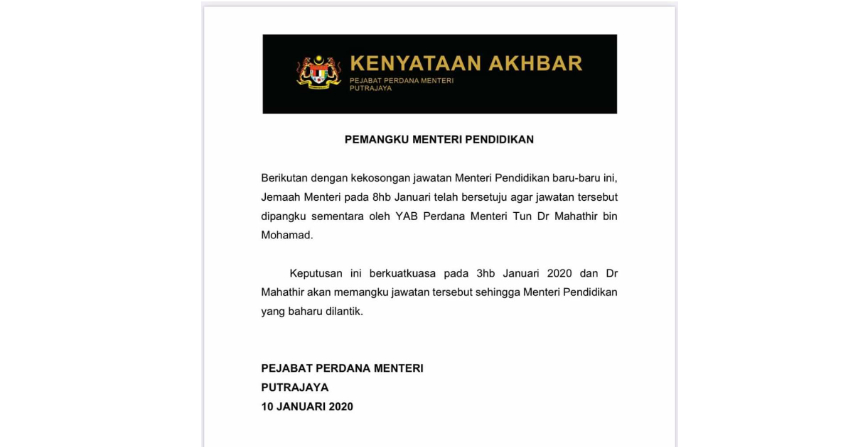 Tun Mahathir Pangku Sementara Jawatan Menteri Pendidikan