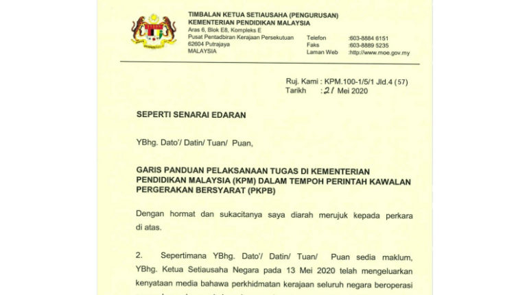 Garis Panduan Pelaksanaan Tugas Di Kementerian Pendidikan Malaysia (KPM) Dalam Tempoh Perintah Kawalan Pergerakan Bersyarat (PKPB)