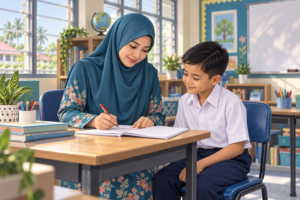 Ilustrasi guru membimbing murid dan menyediakan contoh ulasan PBD berdasarkan hasil kerja
