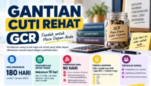 Infografik Gantian Cuti Rehat GCR: had 180 hari, penebusan awal dan formula bayaran
