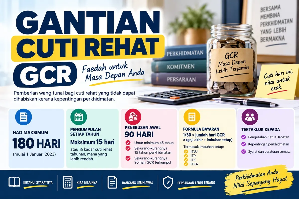 Infografik Gantian Cuti Rehat GCR: had 180 hari, penebusan awal dan formula bayaran
