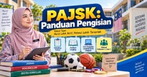 Panduan pengisian PAJSK untuk guru dengan ilustrasi guru bertudung dan peralatan kokurikulum