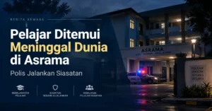 Ilustrasi asrama sekolah pada waktu malam dengan kereta polis bagi berita siasatan kematian pelajar.