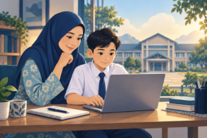 Ilustrasi ibu dan anak membuat semakan PKSK 2027 melalui komputer riba