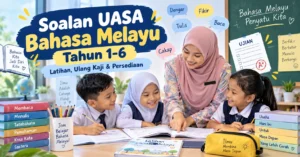 Guru dan murid sekolah rendah membuat latihan Soalan UASA Bahasa Melayu Tahun 1–6