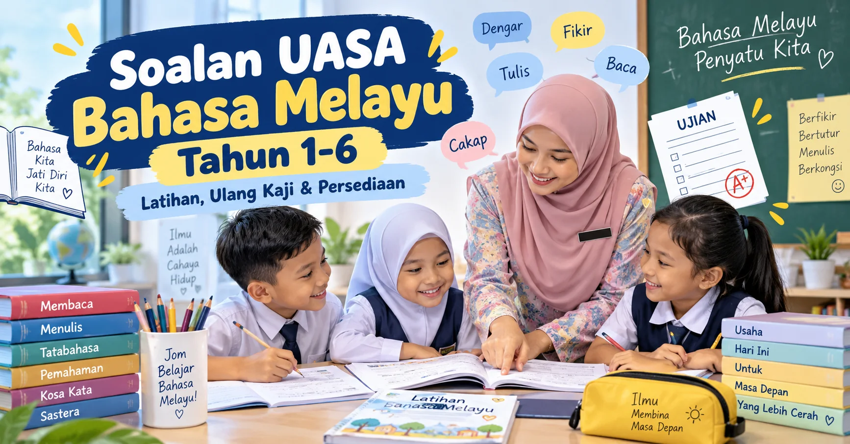 Guru dan murid sekolah rendah membuat latihan Soalan UASA Bahasa Melayu Tahun 1–6