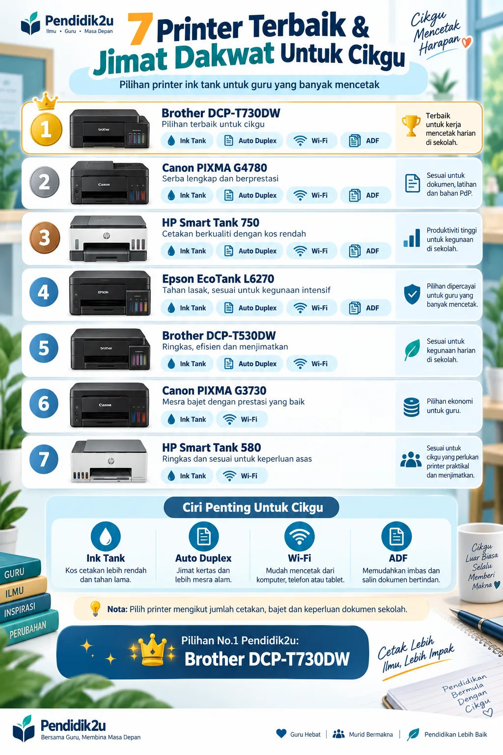 Infografik 7 printer terbaik untuk cikgu dengan perbandingan ink tank, auto duplex, Wi-Fi dan ADF