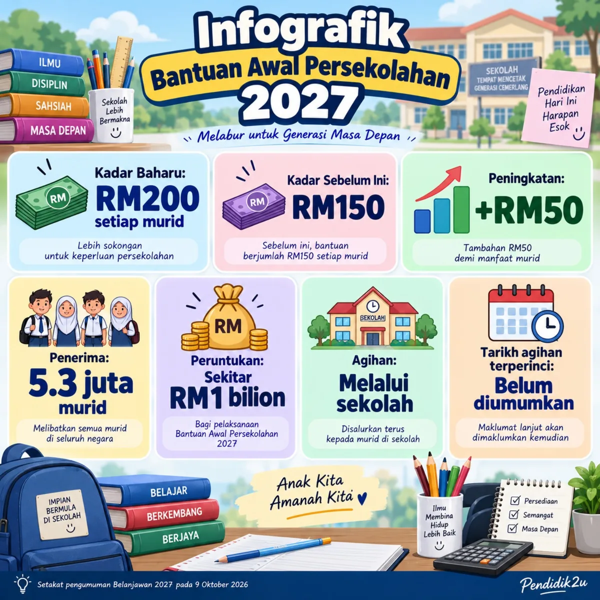 Infografik Bantuan Awal Persekolahan 2027: RM200, 5.3 juta murid dan agihan melalui sekolah
