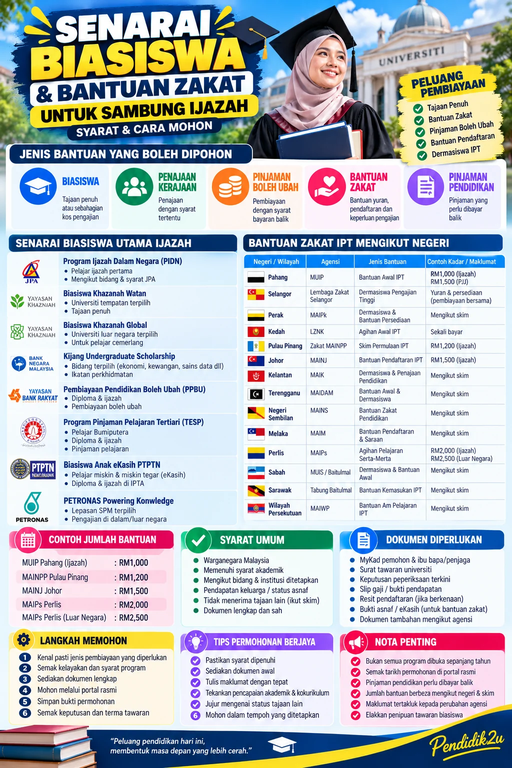 Infografik biasiswa sambung ijazah dan bantuan zakat IPT mengikut negeri