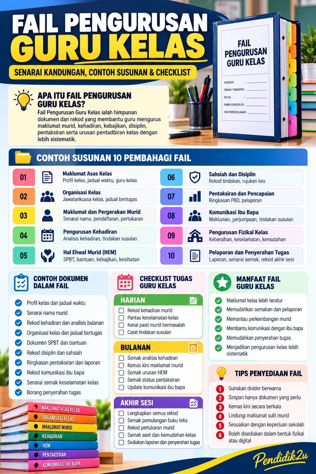 Infografik fail pengurusan guru kelas: contoh 10 pembahagi, senarai dokumen dan checklist tugas