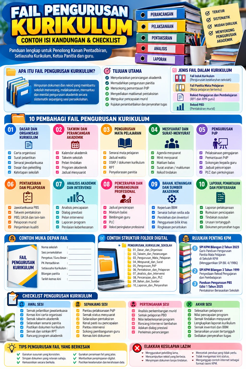 Infografik fail pengurusan kurikulum: 10 pembahagi, dokumen panitia dan checklist pengurusan