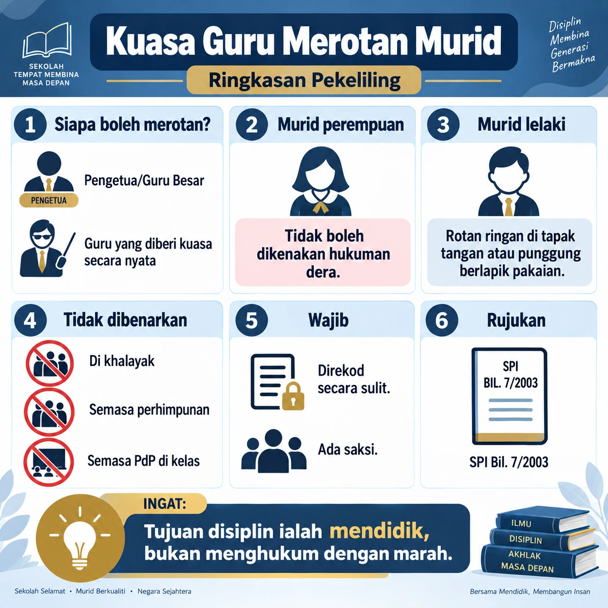 Infografik Pekeliling Kuasa Guru Merotan Murid: pihak berkuasa, had hukuman dan rekod sulit