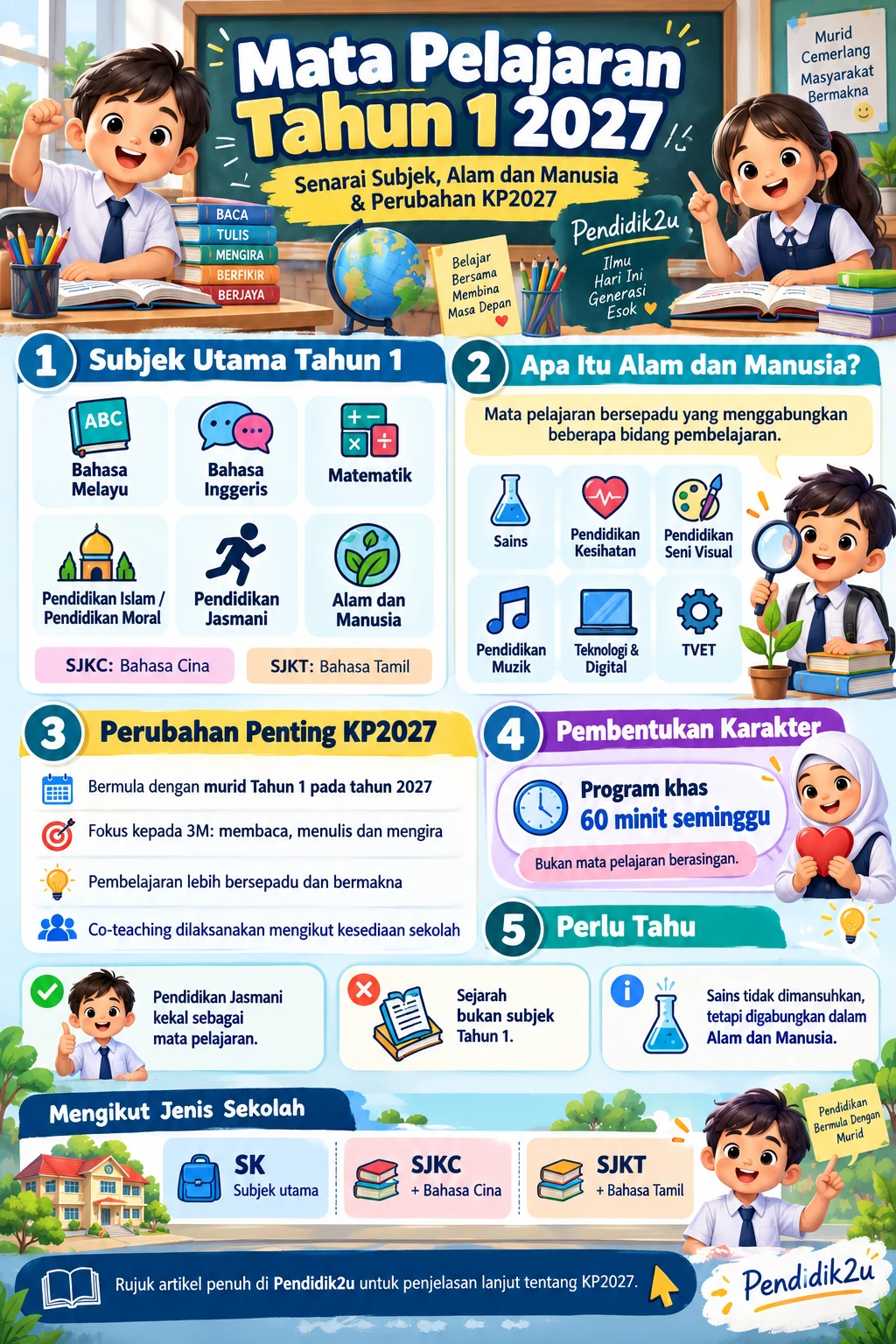 Infografik mata pelajaran Tahun 1 2027 mengikut SK, SJKC dan SJKT serta perubahan KP2027