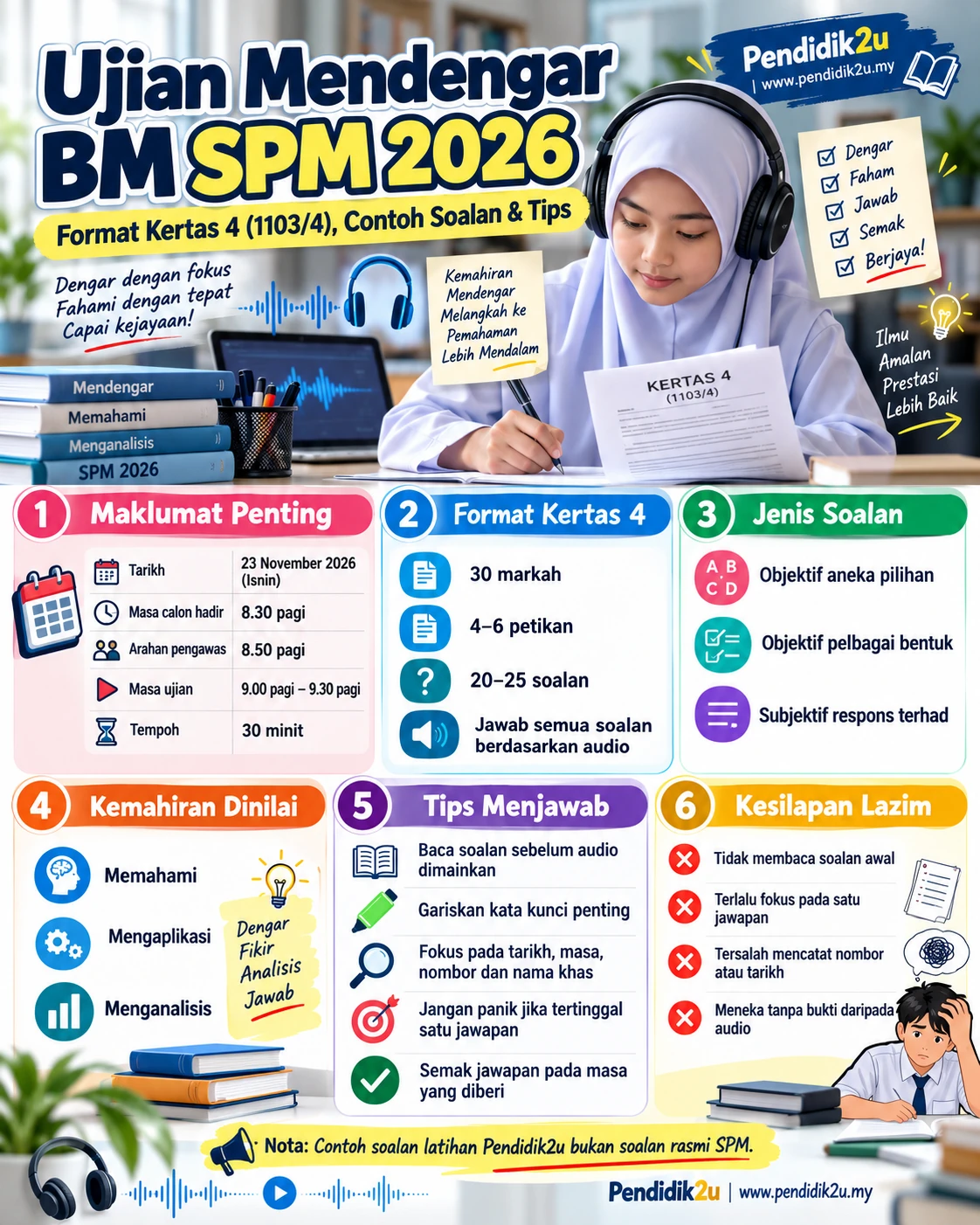 Infografik ujian mendengar BM SPM 2026: tarikh, format Kertas 4, jenis soalan dan tips menjawab