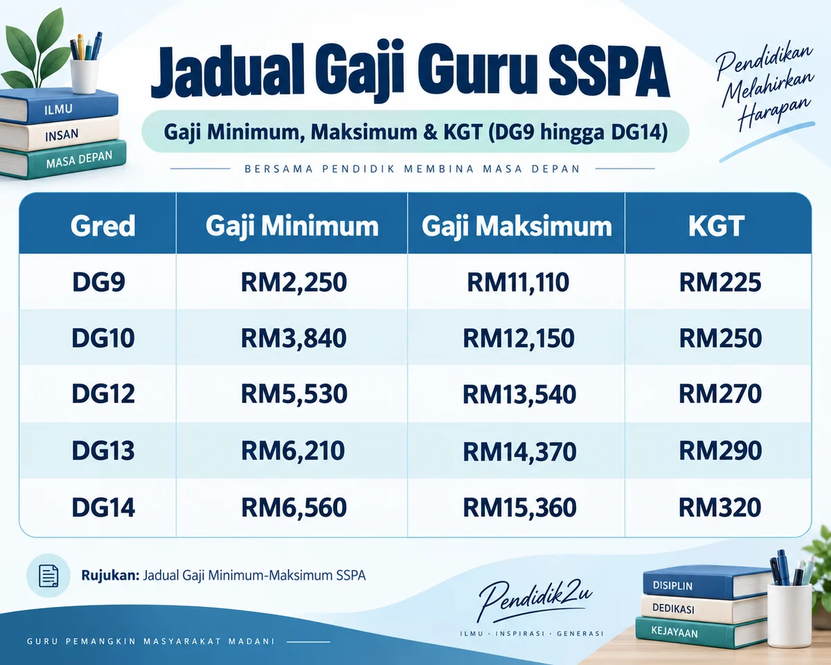 Jadual gaji guru SSPA DG9 hingga DG14: gaji minimum, maksimum dan KGT