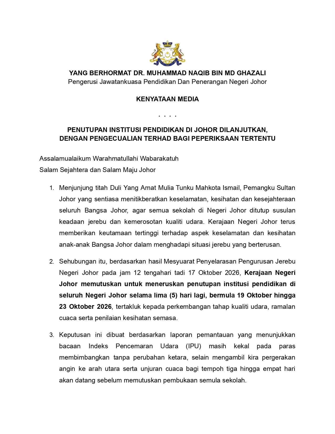 Kenyataan media penutupan sekolah Johor, 19–23 Oktober 2026 – halaman 1