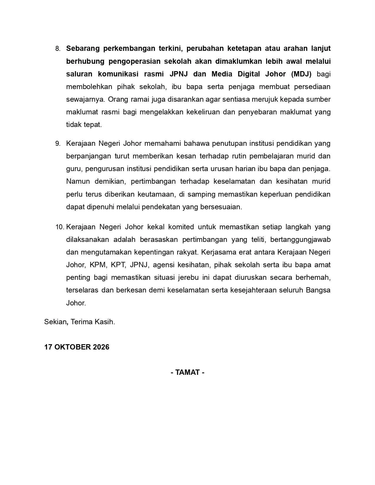 Kenyataan media penutupan sekolah Johor, 19–23 Oktober 2026 – halaman 3