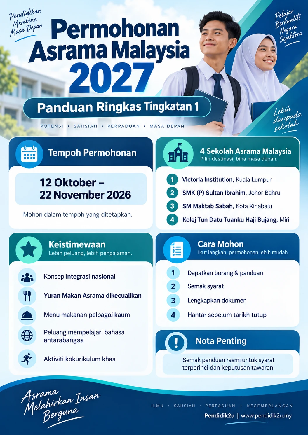 Infografik permohonan Asrama Malaysia 2027: tarikh, empat sekolah, keistimewaan dan cara mohon