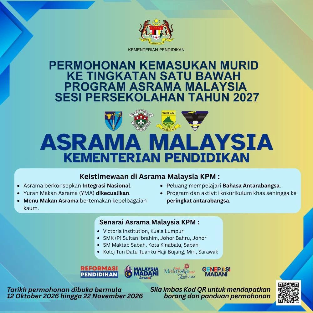 Poster rasmi KPM permohonan Asrama Malaysia 2027 dengan kod QR borang dan panduan