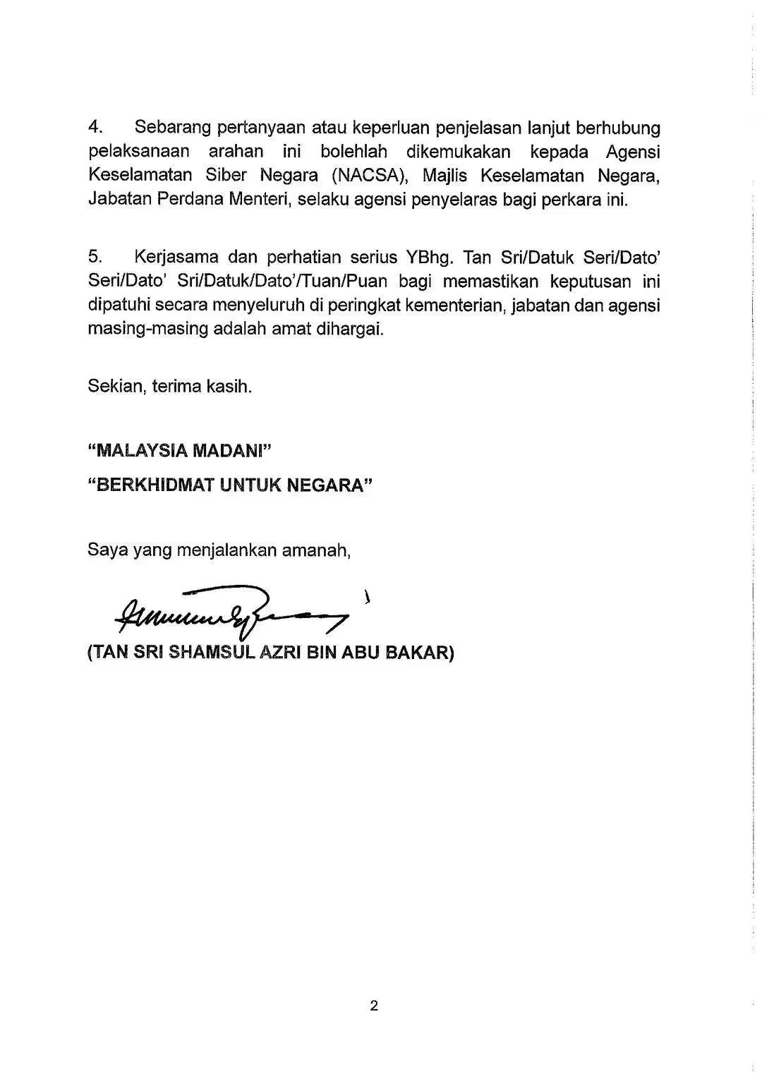 Surat arahan Ketua Setiausaha Negara mengenai larangan Waze bertarikh 20 Oktober 2026, halaman 2 dan tandatangan